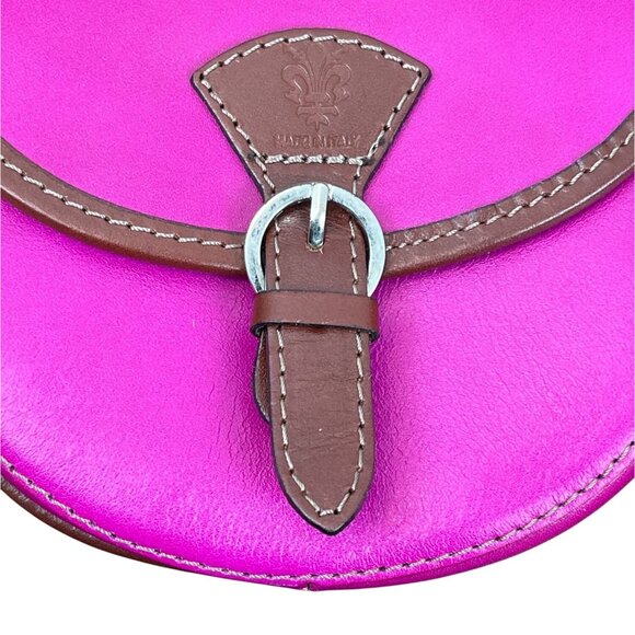 Handcrafted Fuchsia & Brown Leather Adjustable Strap Saddle Bag Sz S - Picture 5 of 11